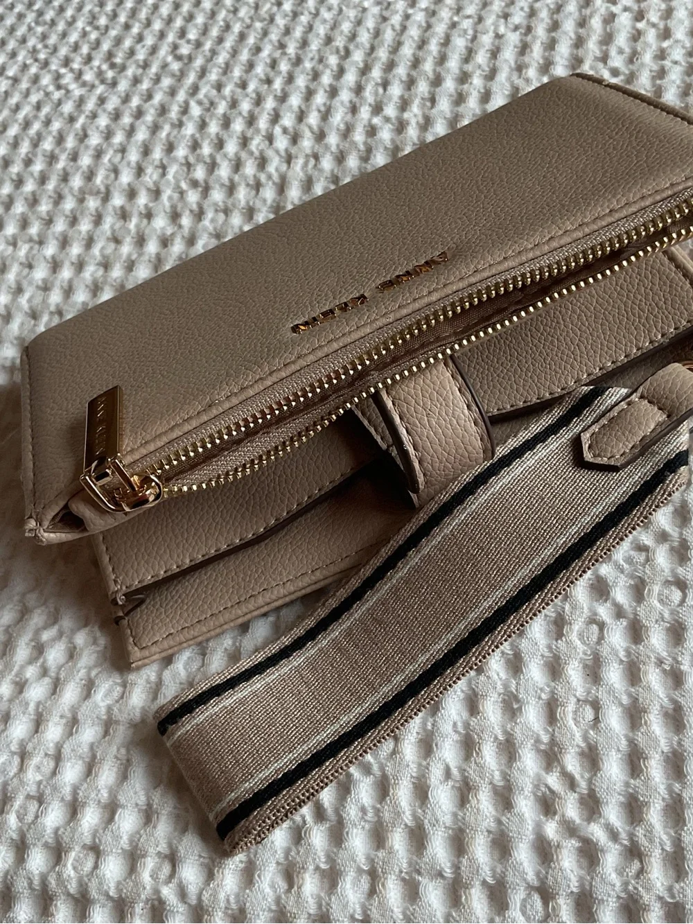 Anne Klein Taupe Zip Wristlet with Gold Logo